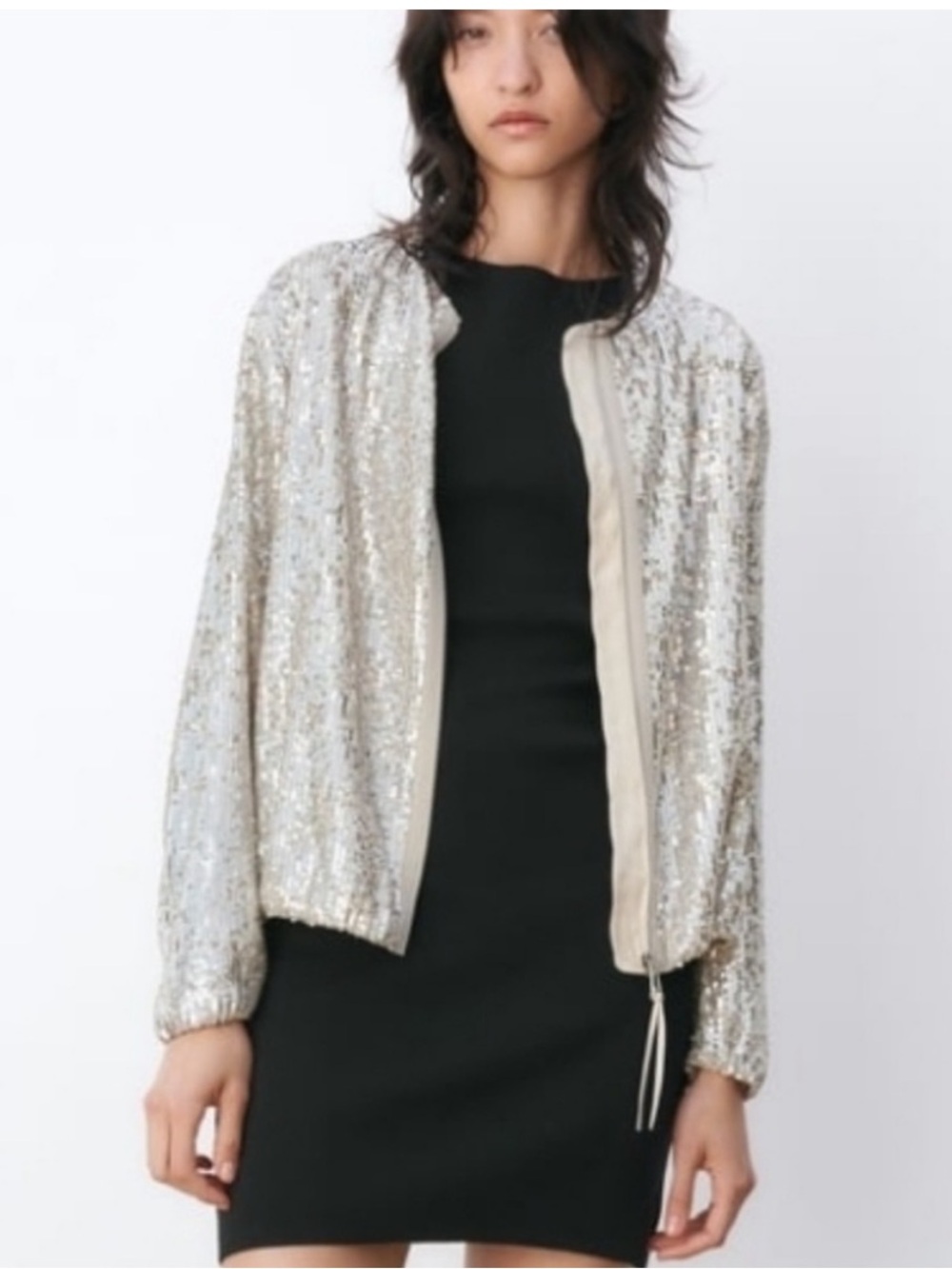 Zara Champagne Silver Sequin Bomber Jacket Zip Front Large